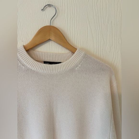 NWOT Zara 100% Cashmere Off Cream White Knit Woven Crochet Crewneck Sweater - Picture 7 of 11